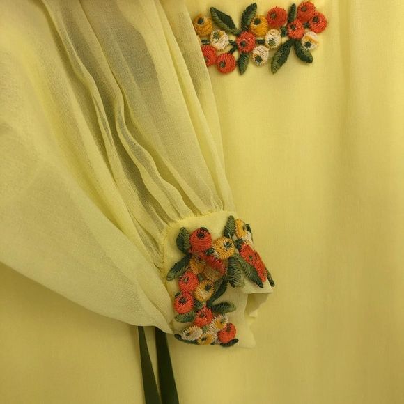 70’s Vintage Yellow Maxi Dress Embroidered Sheer Long Sleeve Ribbon Trim Gown - Picture 4 of 13